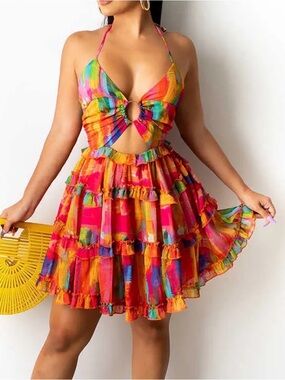 Multicolor Ruffle Halter Mini Dress with Cutout